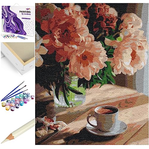 Artnapi Malen nach Zahlen Erwachsene mit Rahmen | DIY Handgemalt | Blumen - Kaffee mit Pfingstrosenduft | Kit für Anfänger und Erwachsene | Set inklusive Acrylfarben & Pinsel | 40x50cm Leinwand von Artnapi