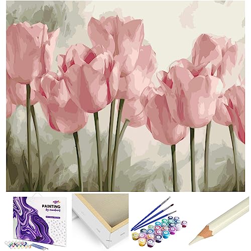 Artnapi Malen nach Zahlen Erwachsene mit Rahmen | DIY Handgemalt | Blumen - Rosa Tulpen | Kit für Anfänger und Erwachsene | Set inklusive Acrylfarben & Pinsel | 40x50cm Leinwand | Ideal als Geschenk von Artnapi