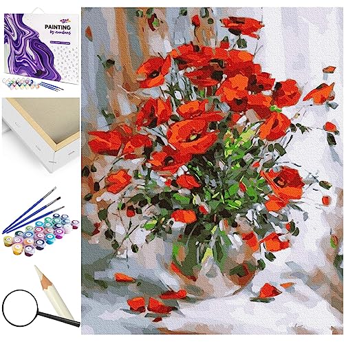 Artnapi Malen nach Zahlen Erwachsene mit Rahmen | DIY Handgemalt | Blumen - Rote Mohnblumen | Kit für Anfänger und Erwachsene | Set inklusive Acrylfarben & Pinsel | 40x50cm Leinwand von Artnapi