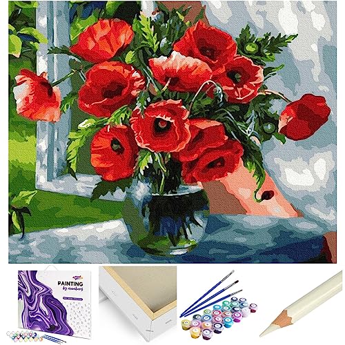 Artnapi Malen nach Zahlen Erwachsene mit Rahmen | DIY Handgemalt | Blumen - Sommer Mohnblumen | Kit für Anfänger und Erwachsene | Set inklusive Acrylfarben & Pinsel | 40x50cm Leinwand von Artnapi