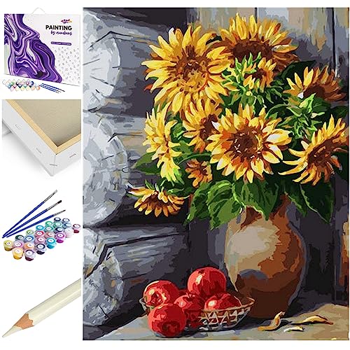 Artnapi Malen nach Zahlen Erwachsene mit Rahmen | DIY Handgemalt | Blumen - Sonnenblumen in einer Vase | Kit für Anfänger und Erwachsene | Set inklusive Acrylfarben & Pinsel | 40x50cm Leinwand von Artnapi