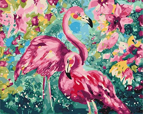 Artnapi Malen nach Zahlen Erwachsene mit Rahmen | DIY Handgemalt | Flamingos in Blumen | Kit für Anfänger und Erwachsene | Set inklusive Acrylfarben & Pinsel | 40x50cm Leinwand | Ideal als Geschenk von Artnapi