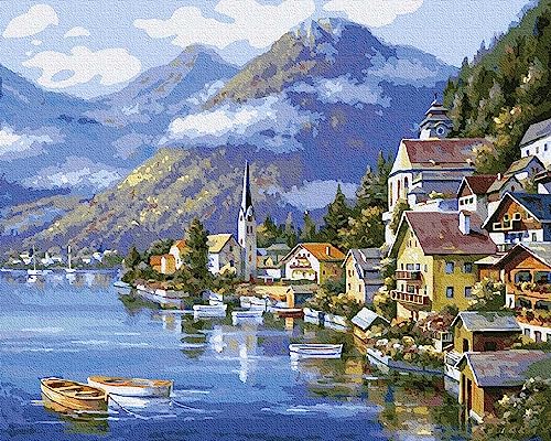 Artnapi Malen nach Zahlen Erwachsene mit Rahmen | DIY Handgemalt | Malerische Stadt in Österreich | Kit für Anfänger und Erwachsene | Set inklusive Acrylfarben & Pinsel | 40x50cm Leinwand | Geschenke von Artnapi