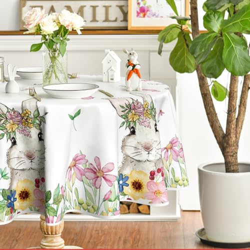 Artoid Mode Blumen Kaninchen Hasen Frohe Ostern Tischdecke Rund 140 cm, Saisonnal Frühling Fleckschutz Tischwäsche Küche Dekoration Party Dekor von Artoid Mode