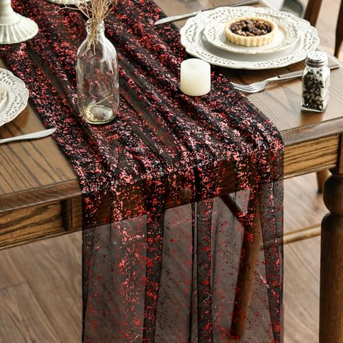 Artoid Mode Gaze Tüll Glitter Folie Schwarz Rot Gold 3 Stück Halloween Tischläufer 70x300 cm, Küche Tisch Dekoration Drinnen Urlaub Party Dekor von Artoid Mode