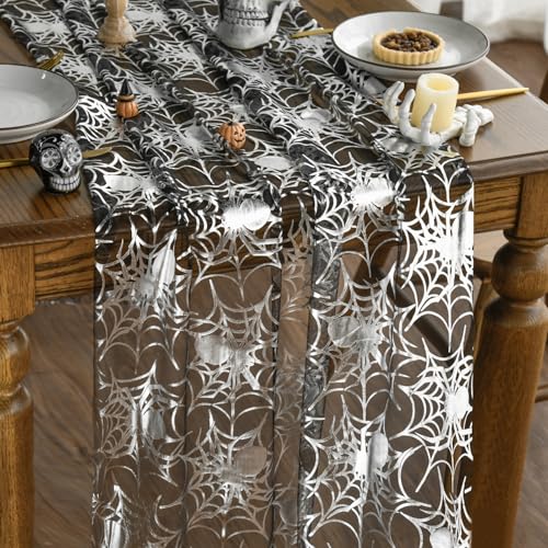 Artoid Mode Gaze Tüll Schwarz Silber Spinnen Spinnennetz Halloween Tischläufer 70x300 cm, Küche Tisch Drinnen Urlaub Party Dekor von Artoid Mode