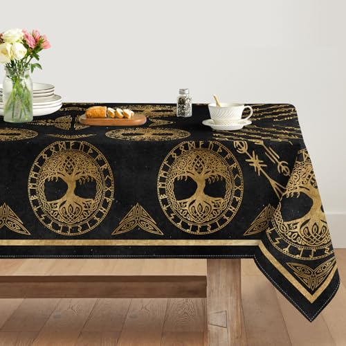 Artoid Mode Gold Wikinger Futhark Runen Odin Baum des Lebens Tischdecke 140x180 cm, Saisonnal Fleckschutz Tischwäsche Küche Dekoration Party Dekor von Artoid Mode
