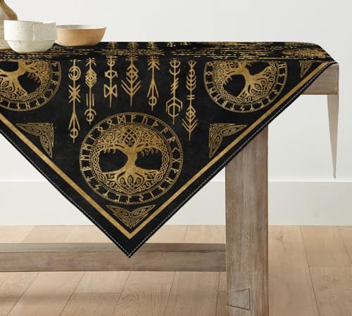 Artoid Mode Gold Wikinger Futhark Runen Odin Baum des Lebens Tischwäsche, Saisonnal Küche Tisch Dekoration Drinnen Urlaub Party Dekor 100x100 cm von Artoid Mode