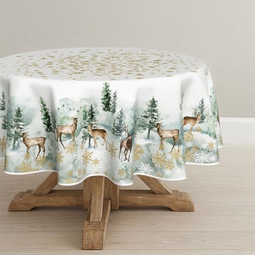 Artoid Mode Golden Schneeflocken Bäume Rentier Weihnachten Tischdecke Rund 140 cm, Winter Vögel Fleckschutz Tischwäsche Küche Dekoration Party Dekor von Artoid Mode