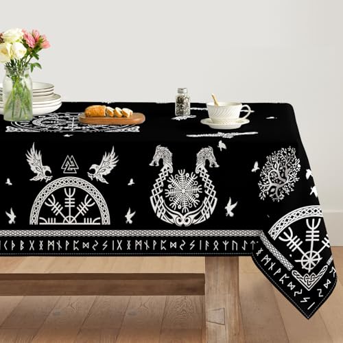 Artoid Mode Weiß Wikinger Baum des Lebens Rabe Rune Symbol Tischdecke 140x220 cm, Saisonnal Fleckschutz Tischwäsche Küche Dekoration Party Dekor von Artoid Mode