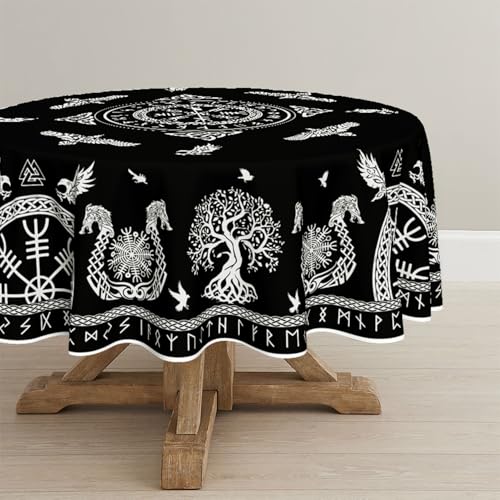 Artoid Mode Weiß Wikinger Baum des Lebens Rabe Rune Symbol Tischdecke Rund 140 cm, Saisonnal Fleckschutz Tischwäsche Küche Dekoration Party Dekor von Artoid Mode