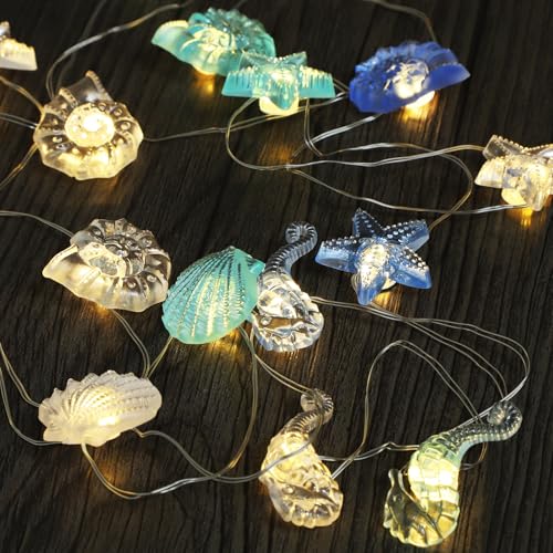 Artrastar Lichterkette Meerestiere 2M 20LED Maritim Deko für Kinderzimmer Fenster Garten Hochzeit Party Seepferdchen Seestern Muschel Schnecke Batterie mit Timer Innen Außen（Warmweiß） von Artrastar