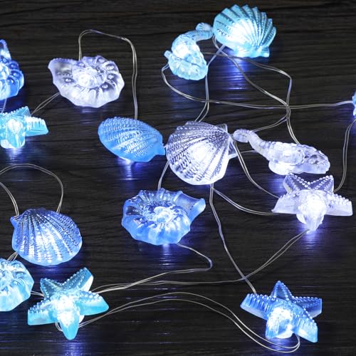 Artrastar Lichterkette Meerestiere 2.5M 20LED Maritim Deko für Kinderzimmer Fenster Garten Hochzeit Party Seepferdchen Seestern Muschel Schnecke Batterie mit Timer Innen Außen（Blau） von Artrastar