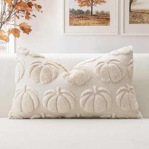 Artscope 1er Set Wolle Kürbis Kissenbezug Weicher Plüsch Kurzer Wollsamt Dekokissenbezüge Herbst Kissenhülle Sofakissen Herbstdeko für Sofa Schlafzimmer Halloween Creme Beige, 30x50cm von Artscope