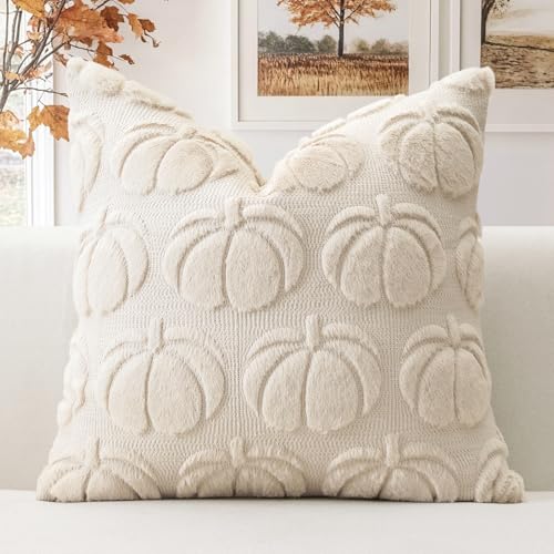 Artscope 1er Set Wolle Kürbis Kissenbezug Weicher Plüsch Kurzer Wollsamt Dekokissenbezüge Herbst Kissenhülle Sofakissen Herbstdeko für Sofa Schlafzimmer Halloween Creme Beige, 50x50cm von Artscope
