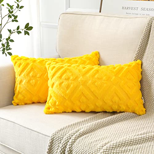 Artscope 2er Set Wolle Kissenbezüge Weicher Plüsch Kurzer Wollsamt Dekokissenbezüge Luxuriöses Sofakissen Europäische Kissenhülle für Sofa Schlafzimmer Geometrische Gold-Gelb, 30x50cm von Artscope