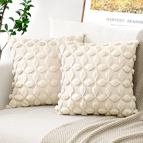 Artscope 2er Set Wolle Kissenbezüge Weicher Plüsch Kurzer Wollsamt Dekokissenbezuge Luxuriöses Sofakissen Boho Kissenhülle für Sofa Schlafzimmer Blumenmuster Creme Beige, 45x45cm von Artscope