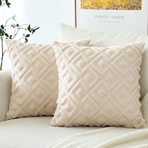 Artscope 2er Set Wolle Kissenbezüge Weicher Plüsch Kurzer Wollsamt Dekokissenbezuge Luxuriöses Sofakissen Boho Kissenhülle für Sofa Schlafzimmer Geometrische Creme Beige, 40x40cm von Artscope