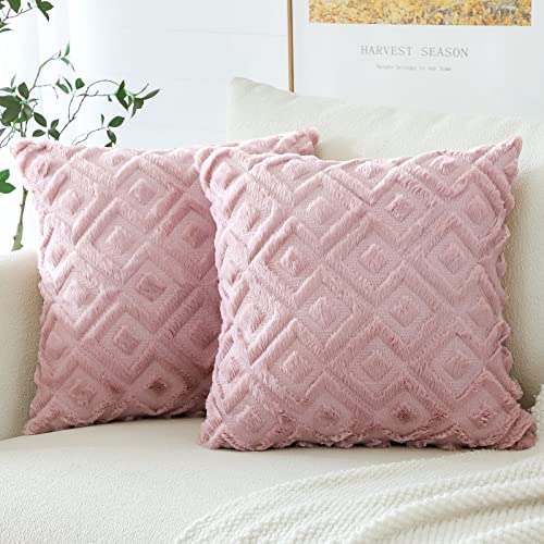 Artscope 2er Set Wolle Kissenbezüge Weicher Plüsch Kurzer Wollsamt Dekokissenbezuge Luxuriöses Sofakissen Boho Kissenhülle für Sofa Schlafzimmer Geometrische Rosa, 45x45cm von Artscope