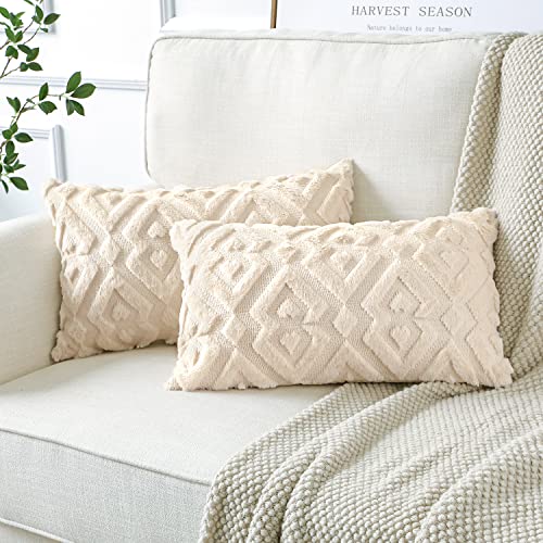 Artscope 2er Set Wolle Kissenbezüge Weicher Plüsch Kurzer Wollsamt Dekokissenbezuge Luxuriöses Sofakissen Europäische Kissenhülle für Sofa Schlafzimmer Geometrische Creme Beige, 30x50cm von Artscope