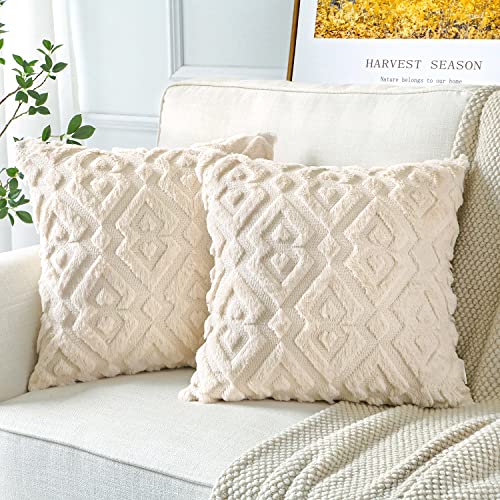 Artscope 2er Set Wolle Kissenbezüge Weicher Plüsch Kurzer Wollsamt Dekokissenbezuge Luxuriöses Sofakissen Europäische Kissenhülle für Sofa Schlafzimmer Geometrische Creme Beige, 40x40cm von Artscope