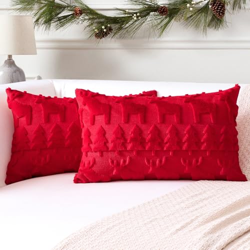 Artscope 2er Set Wolle Kissenbezüge Weicher Plüsch Kurzer Wollsamt Dekokissenbezuge Luxuriöses Sofakissen Europäische Kissenhülle für Sofa Schlafzimmer Weihnachtsbaum und Elch Rot, 30x50cm Artscope 2er Set Wolle Kissenbezüge Weicher Plüsch Kurzer Wollsamt Dekokissenbezuge Luxuriöses Sofakissen Europäische Kissenhülle für Sofa Schlafzimmer Weihnachtsbaum und Elch Rot, 30x50cm von Artscope
