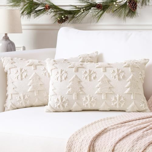 Artscope 2er Set Wolle Kissenbezüge Weicher Plüsch Kurzer Wollsamt Dekokissenbezuge Sofakissen Europäische Kissenhülle für Sofa Schlafzimmer Weihnachtsbaum und Schneeflocke Beige, 30x50cm von Artscope