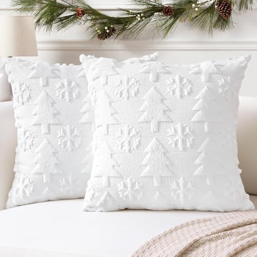 Artscope 2er Set Wolle Kissenbezüge Weicher Plüsch Kurzer Wollsamt Dekokissenbezuge Sofakissen Europäische Kissenhülle für Sofa Schlafzimmer Weihnachtsbaum und Schneeflocke Weiß, 65x65cm von Artscope