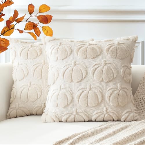 Artscope 2er Set Wolle Kürbis Kissenbezüge Weicher Plüsch Kurzer Wollsamt Dekokissenbezüge Herbst Kissenhülle Sofakissen Herbstdeko für Sofa Schlafzimmer Halloween Creme Beige, 40x40cm von Artscope