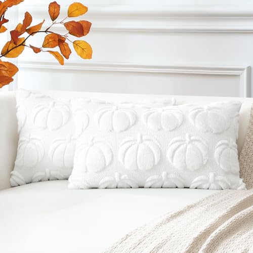Artscope 2er Set Wolle Kürbis Kissenbezüge Weicher Plüsch Kurzer Wollsamt Dekokissenbezüge Herbst Kissenhülle Sofakissen Herbstdeko für Sofa Schlafzimmer Halloween Weiß, 30x50cm von Artscope