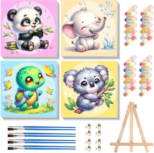 Arttoplus 4 Stück Tiere Malen Nach Zahlen Kinder ab 5 6 7 8 9 mit Rahmen und Holzstaffelei-Panda Elefant Schildkröte Koala Malen Nach Zahlen ab 7 8 9 Jahre Mädchen und Jungen als Geschenk(20x20cm) von Arttoplus
