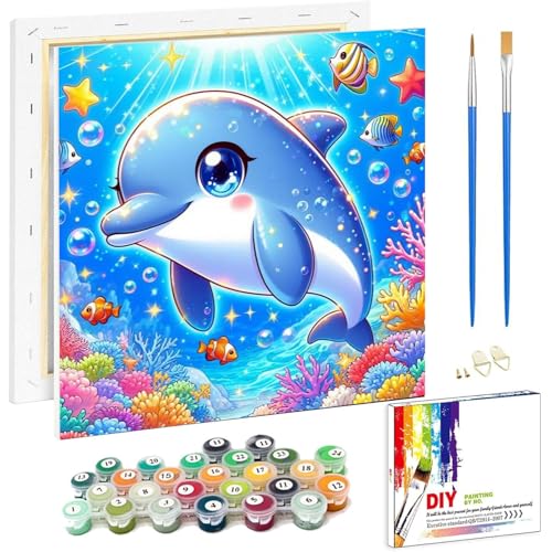 Arttoplus Malen Nach Zahlen Kinder ab 5 6 7 8 9 mit Rahmen-Delphin Malen Nach Zahlen ab 5 6 7 8 9 10 Jahre Mädchen, Diy Acrylfarbe Paint by Numbers Tiere für Anfänger für Home Décor(20x20cm) von Arttoplus