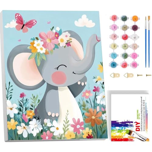 Arttoplus Malen Nach Zahlen Kinder ab 5 6 7 8 9 mit Rahmen-Elefant Malen Nach Zahlen ab 5 6 7 8 9 10 Jahre Mädchen, Diy Acrylfarbe Paint by Numbers Tiere für Anfänger für Home Décor(20x30cm) von Arttoplus