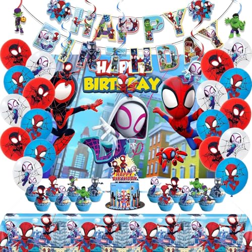 Spidey and Friends Geburtstagsdekorationen, Partyzubehör-Set für Jungen und Mädchen, inklusive Banner, Luftballons, Kuchen- und Cupcake-Topper, Tischdecke, hängende Wirbel, Hintergrund – Spidey Theme Spidey and Friends Geburtstagsdekorationen, Partyzubehör-Set für Jungen und Mädchen, inklusive Banner, Luftballons, Kuchen- und Cupcake-Topper, Tischdecke, hängende Wirbel, Hintergrund – Spidey Theme von Artvibe