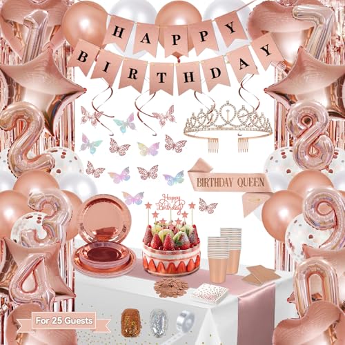 Geburtstagsdekorationen für Frauen, Roségold, Party-Dekorationen für Frauen oder Mädchen, Happy Bitthday Supplies – Schmetterling, hängende Wirbel, Schärpe, Diadem, Banner, Ballon, Geschirr für 25 Geburtstagsdekorationen für Frauen, Roségold, Party-Dekorationen für Frauen oder Mädchen, Happy Bitthday Supplies – Schmetterling, hängende Wirbel, Schärpe, Diadem, Banner, Ballon, Geschirr für 25 von Artycubes