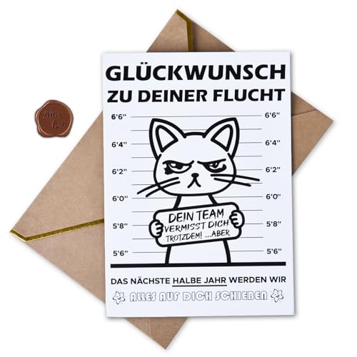 Abschiedskarte Kollegen A6 (Klappkarte mit Umschlag und Wachssiegel) - Herzlichen Glückwunsch zu deiner Flucht - Abschiedsgeschenk Kollegen - Karte zum Abschied Kollegin & Kollege (Abschiedskarte) von Aruigu