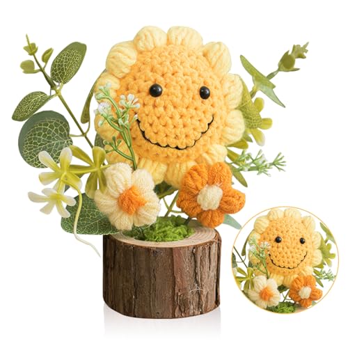 Aruigu Handgefertigte Häkelblumen Sonnenblumen als für Lehrer, Büro-Schreibtischdekoration, Geschenke für Frauen, Mütter, Freunde, Kollegen (Lächelnde Sonnenblume) von Aruigu