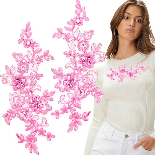 1 Paar rosa feine Spitze Stoff Patches Stickerei Pailletten Spitze Applikation Nähen Blume Stoff Kragen Patch für Hochzeitskleid Kleid Braut DIY Handwerk von Arvintas