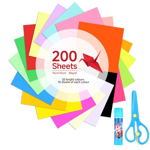 Arvoni 200 Blatt Origami Papier, Buntes Papier, 20 Farben 15x15 cm 80 g/m² Faltpapier Bunt, Bastelpapier Bunt für DIY, Schule, Kunst, Kinder und Erwachsene, mit Sicherheitsschere Klebestift von Arvoni