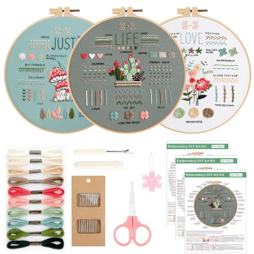 Arvoni 3 Stück Sticken für Anfänger, Sticken Set Erwachsene für Blumenmuster Pflanzen, Stickset mit Stick, Poke Set, Bedienungsanleitung, Embroidery Kit für DIY Kunst Handwerk von Arvoni