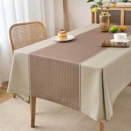 Tischdecke Beige Gestreift Outdoor Wetterfest Modern Tischdecken Fleckschutz Wasserdicht 140 x 100 Tischwäsche mit Lotuseffekt für Esszimmer, Garten, Party Gartentischdecke von Arwllzz