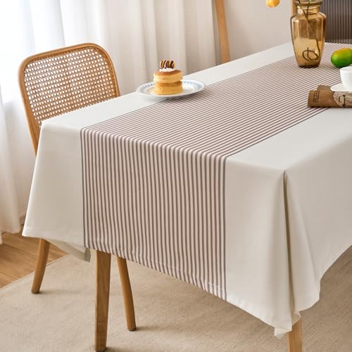 Weiß Tischdecke Outdoor Wetterfest 140x190 Gestreift Beige Braun Tischtuch Abwaschbar Fleckschutz Lotuseffekt Tischwäsche Wasserabweisend Tischdecken für Esszimmer, Garten, Party von Arwllzz