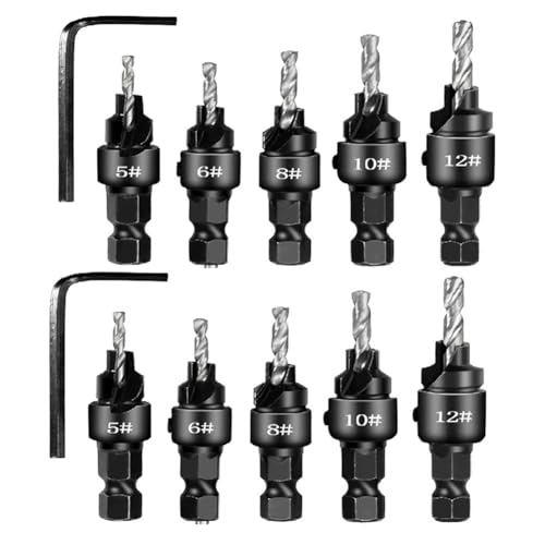 Ascitndy 2 Sets X 5 Stück Senkbohrer, Sechskantgriff, Stahllochöffner-Set, Holzkegelloch, Integrierter Bohrer, Silber von Ascitndy