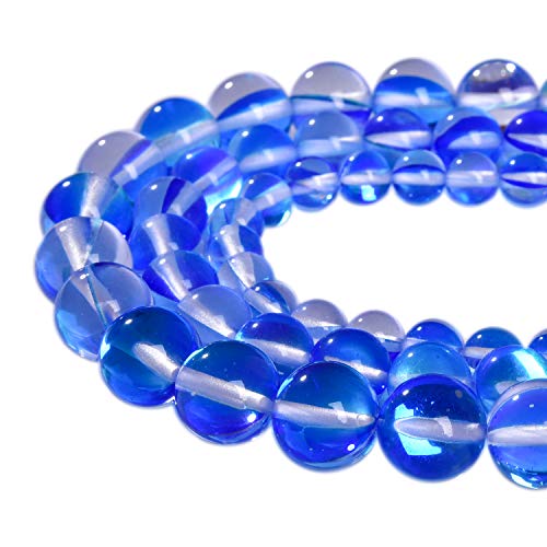 Asingeloo 48 Stück 8 mm blaue Engel Aura-Perlen, runde Edelsteinperlen, polierte Meerjungfrauen-Aura-Mondstein-Perlen, glatte Steinperlen, lose Perlen, Kristallquarz für DIY-Schmuckherstellung, 1 von Asingeloo
