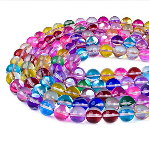 Asingeloo 8 mm gemischte Farben, Engel-Aura-Perlen, runde Edelsteinperlen, polierte Meerjungfrau-Aura-Mondstein-Perlen, glatter Stein, lose Perlen, Kristallquarz, für DIY-Schmuckherstellung, 1 Strang von Asingeloo