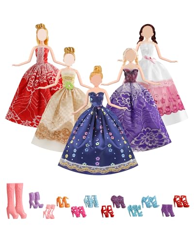 Asiv 17 Stück Mode Urlaubstag Kleidung Kleider für Barbie Puppen Doll, 5 Partymoden Hochzeit Prinzessin Kleider + 12 Paar Schuhe für Weihnachten und Geburtstag Geschenk von Asiv