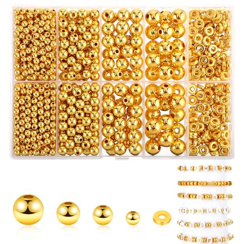 1250 Stück Goldene Perlen 4/6/8/10 mm Runde Perlen Gold Bastelperlen mit Loch, Abstandshalter Perlen zum Auffädeln, Vergoldete Kunststoff Spacer Perlen für Schmuck Armbänder Halskette DIY Handwerk von ASTER
