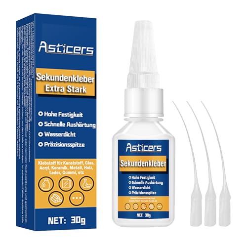 Sekundenkleber Extra Stark, Wasserfester und Hitzebeständiger Superkleber, kleber Extra Stark für Alles zum Schnellen und Präzisen Verkleben von Kunststoffen, Glas (Sekundenkleber 30g*1) von Asticers