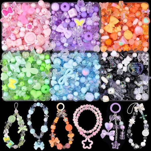 AstraGlam Acrylperlen Beads, 400-450 Stück Perlenset für Armbänder, Blumen, Schleifen, Schmetterlinge, Gummibärchen, Sterne Charms für Schmuck, Halsketten, Schlüsselanhänger, Handyanhänger von AstraGlam