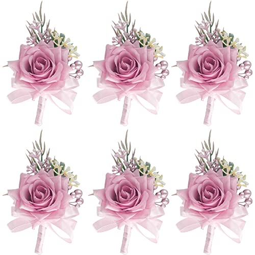 Asudaro Hochzeit Handgelenk Blume Corsage, 6 Stück Bräutigam Boutonniere Ansteckblume Hochzeit Boutonniere Braut Hochzeit Handgelenk Blumen Corsage Rose Boutonniere Handgelenk Blumen Rosa P#01 von Asudaro